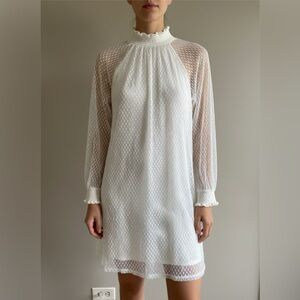 NWT Nina Leonard Dress L Sheer Mock Neck Long Sleeve Dotted‎ Overlay In Ivory